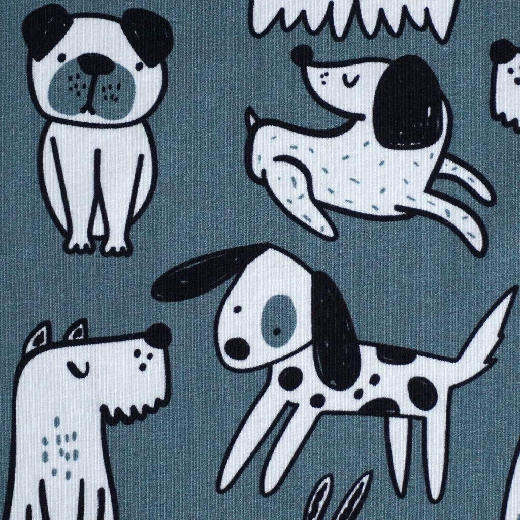 Preview: French Terry lustige Hunde scharz weiß auf blaugrau